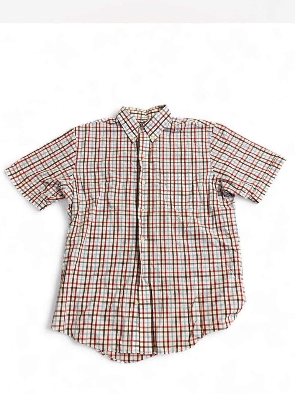 Arrow Short-Sleeve Button-Down Plaid Shirt - White with Red & Brown